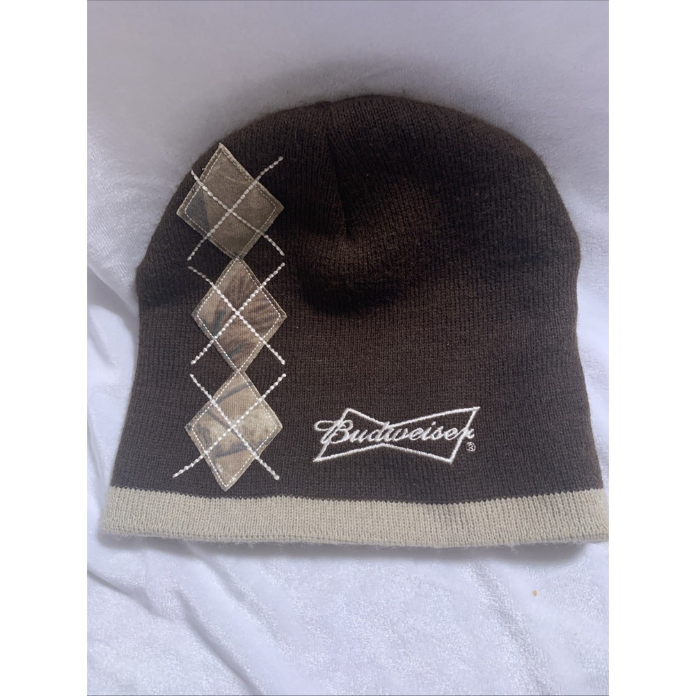 Budweiser Paramount Argyle Beanie Outdoor Hat Brown Argyle One Size
